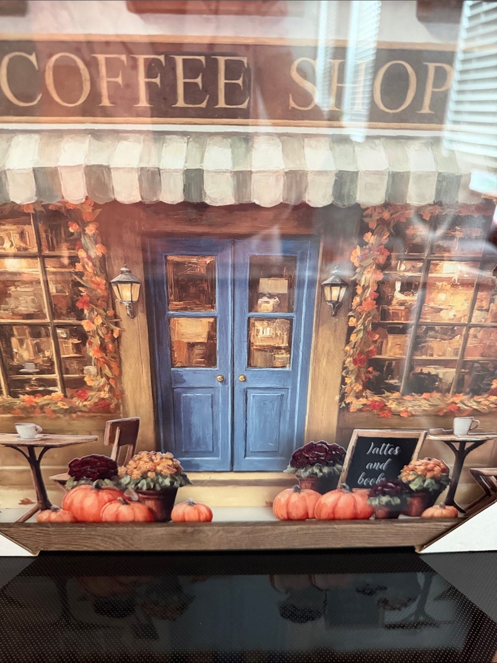 NWT-2026 Hobby Lobby Coffee Shop Wall Art Blue Door, Pumpkins, Brown Frame - Picture 4 of 7